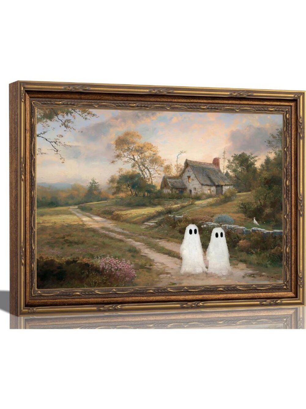 Vintage Gold Framed Halloween Wall Art - Cute Ghosts Canvas 16x24 Inch Decor